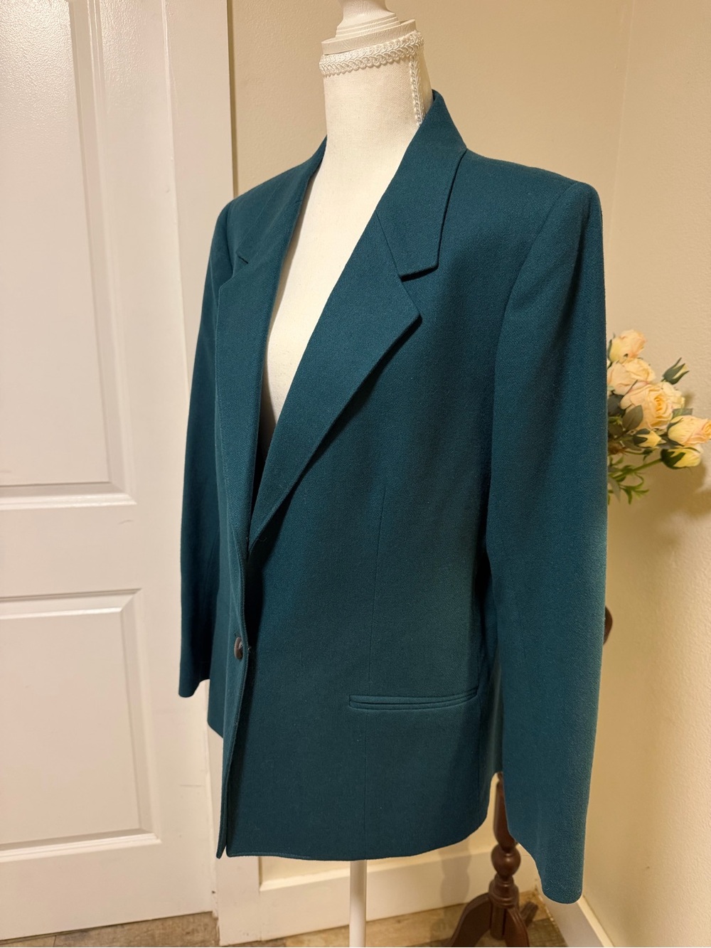 Vintage Holiday Green Single-Button Blazer Wool Blend East Bank Ltd Tailored USA